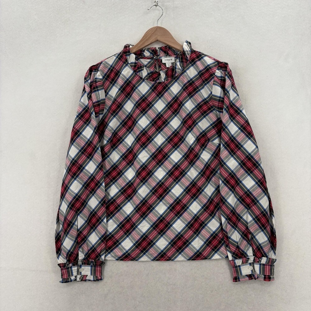 J.CREW Blouse Womens Large Multicolor Plaid Ruffle High Neck Long Sleeve NWT